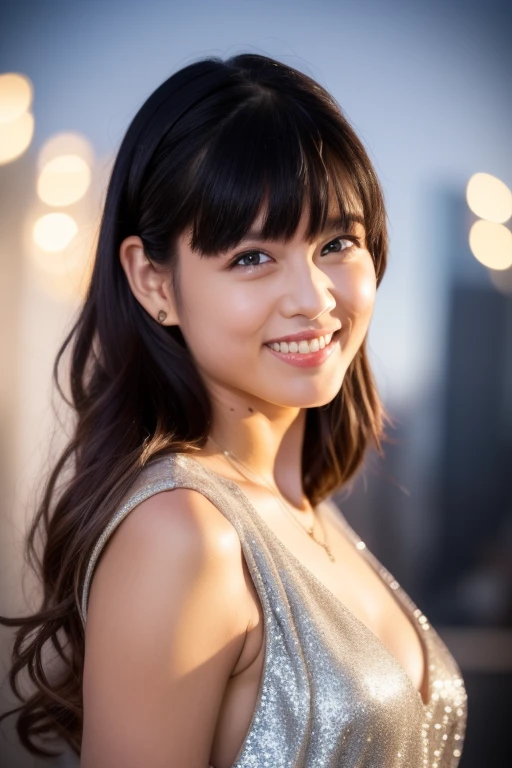 1girl,(wearing a sleeveless glittery evening dress:1.3),(RAW photo, best quality), (realistic, photo-realistic:1.4), masterpiece, an extremely delicate and beautiful, extremely detailed, 2k wallpaper, Amazing, finely detail, extremely detailed CG unity 8k wallpaper, ultra-detailed, highres, soft light, beautiful detailed girl, extremely detailed eyes and face, beautiful detailed nose, beautiful detailed eyes,cinematic lighting,city lights at night,perfect anatomy,smiling <lora:aizawarina_lora:0.7>