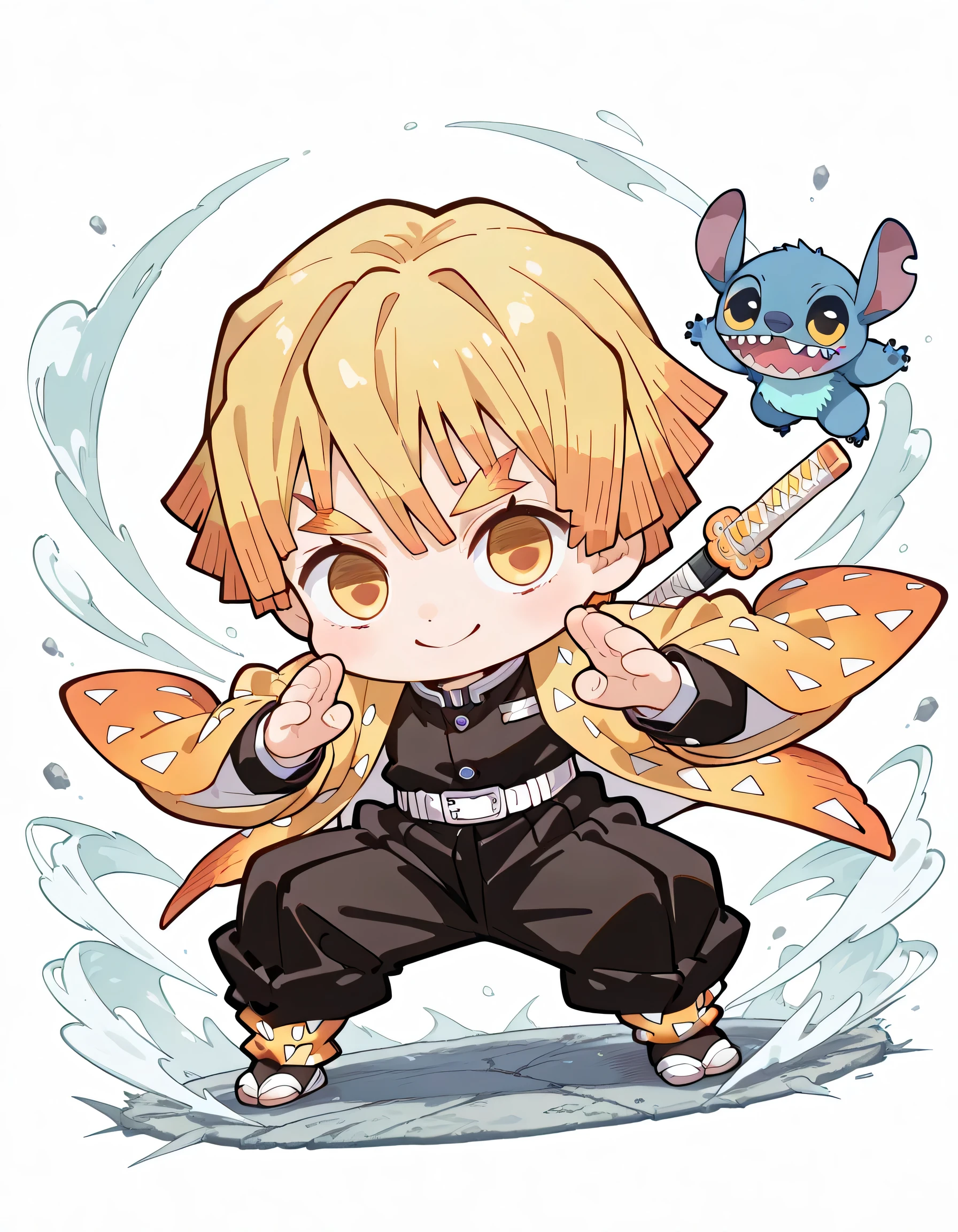 (chibi),(with Stitch(disney)),(dynamic angle,dynamic fighting stance pose),male's face,zenitsu_agatsuma,(looking at viewer), closed up face,blonde hair, short hair, bangs,demon slayer uniform,japanese sword,yellow eyes,big smile,cheek,soft lineart,white background,memorial shot,