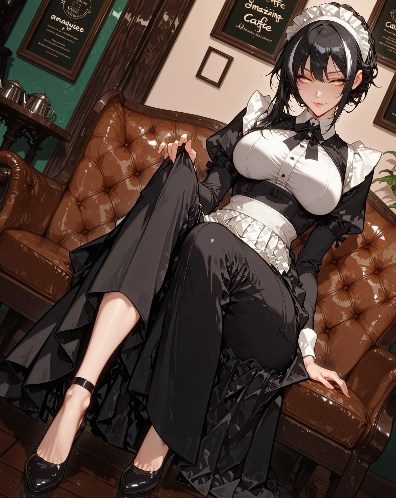 1girl, seductive smile, maid outfit, black hair, short, white streaked hair, yellow eyes, cafe background, seductive pose, full body, dutch angle, looking at viewer, masterpiece, best quality, high quality, amazing quality, very aesthetic, absurdres, newest