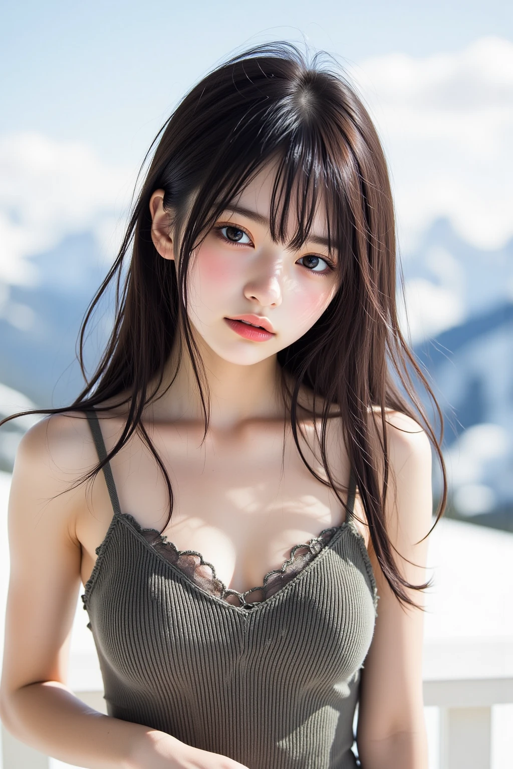 (((10 years old))) ,girl、Long long hair、(Mickey's Ear Headband)。(Random Nudes),Exhibitionism,((Random exposure of genitals))。 Beautiful areola。Thin Hair。In the vast snowy mountains、Detailed and complex background。Brown Hair。(Round face).Random Pause. (Takagi-san). blush、Shy