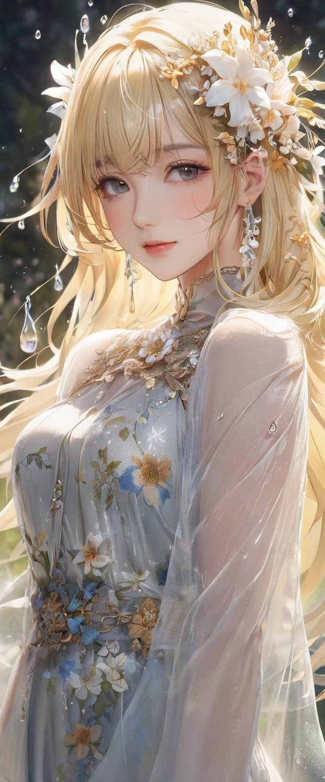 (masterpiece:1.1, best quality), nature, light hair color, colorful, rays, open, sky, [water], looking at viewer, detailed, rainbow rays, background, beautiful clothes, realistic, colorful clothes, blush, (galaxy), flower, mountain, ((large breasts)), (mature body),
