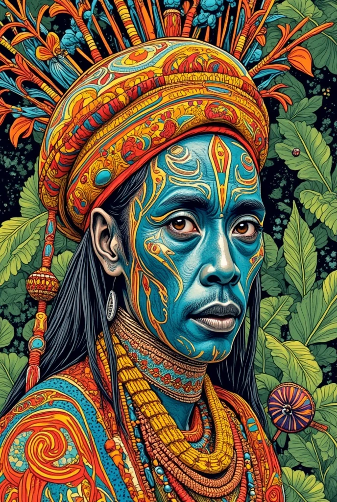 Abstract digital art portrait of a mysterious shaman in the style of Alberto Seveso, dense forest background, water ink, splash earthy browns and greens, strong contrasts, fluid art, digital painting, hyper-realistic textures, depth focus, dynamic composition