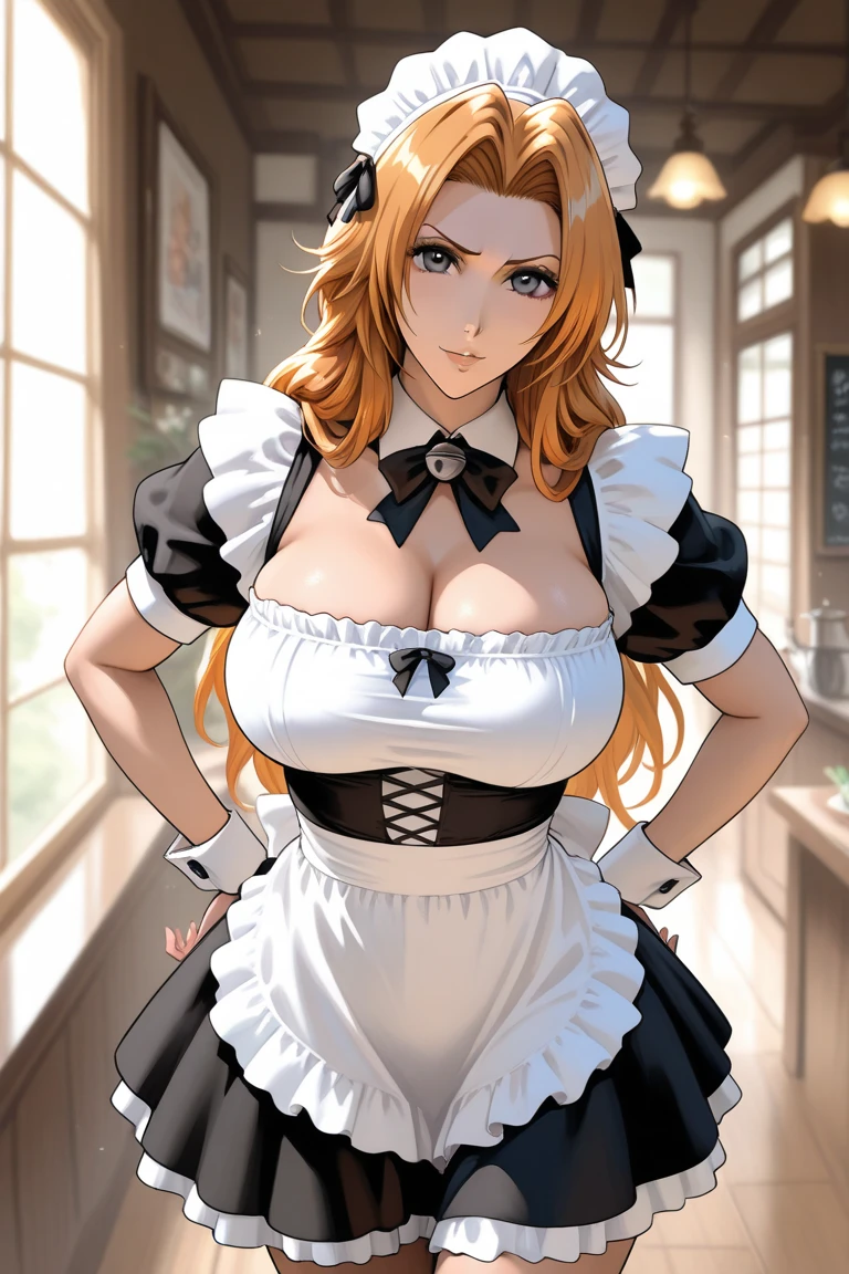 score_9, score_8_up, score_7_up, score_6_up, score_5_up, score_4_up,
source_anime, realistic,
1 girl, standing, cowboy shot, cafe,
Matsumoto rangiku, solo,
large breasts, milf, mature woman,
Orange_hair, long hair, blue eyes, earrings,
maid, black dress, short sleeves, white apron, miniskirt, white gloves,
full face blush, frustrated, clenched fist,