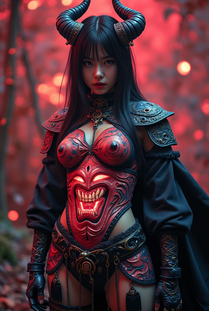 una ragazza ultra bella, con un'armatura (armatura techno fantasy nera) e una grande spada nella schiena, carina, 12k, uhd, fotorealistica, decorazioni rosse, capelli corti neri, ((razza europea)), (ultra bella splendida realistica), ventre nudo e (braccia nude), armatura nera, decorazioni rosse, grande spada rossa, peli neri, ((pelle rosa)), (red neon light decourations)