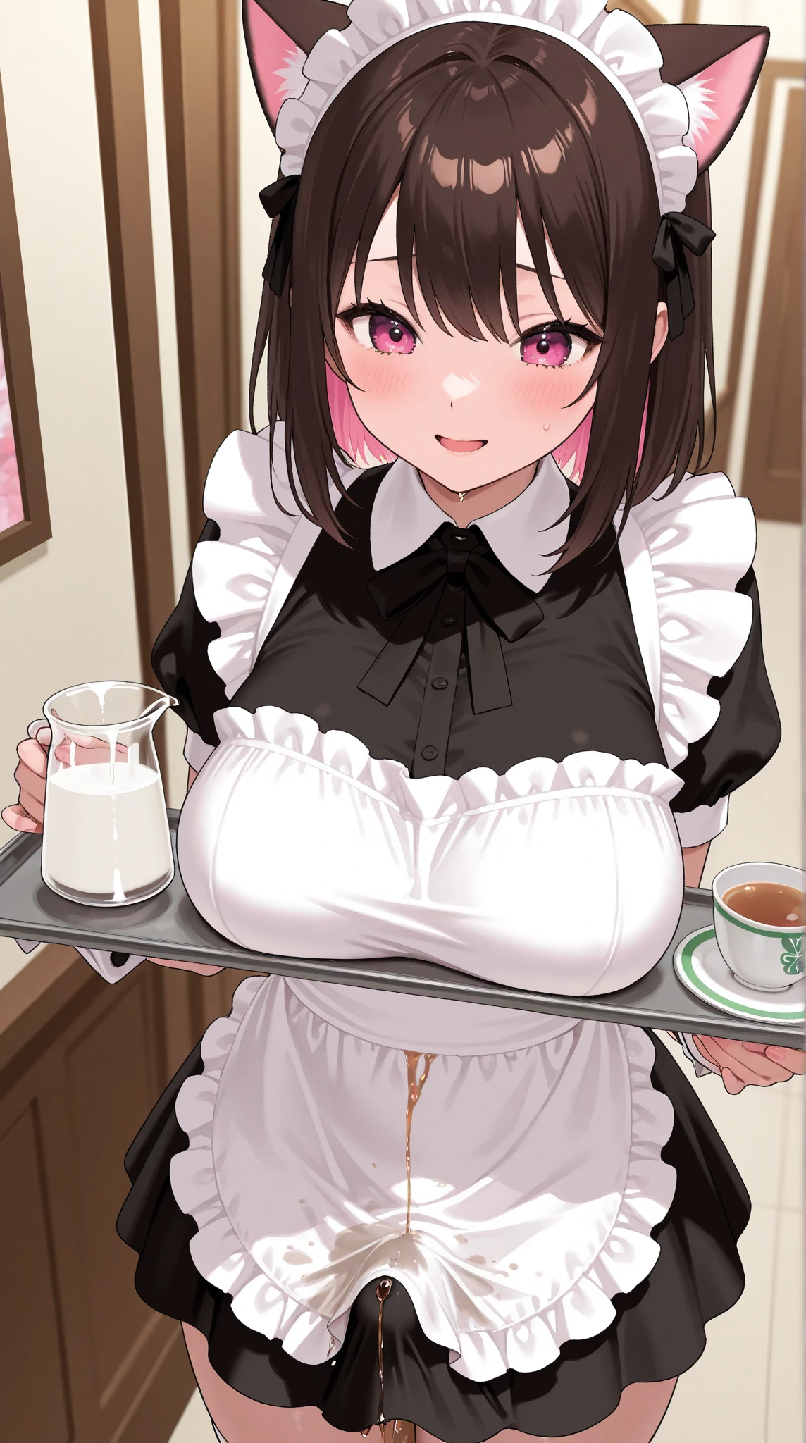 1girl, solo, girls und panzer, nishizumi miho, brown eyes, brown hair, short hair, (maid uniform:1.4),closed mouth,happy,indoors, cafe ,huge breasts
