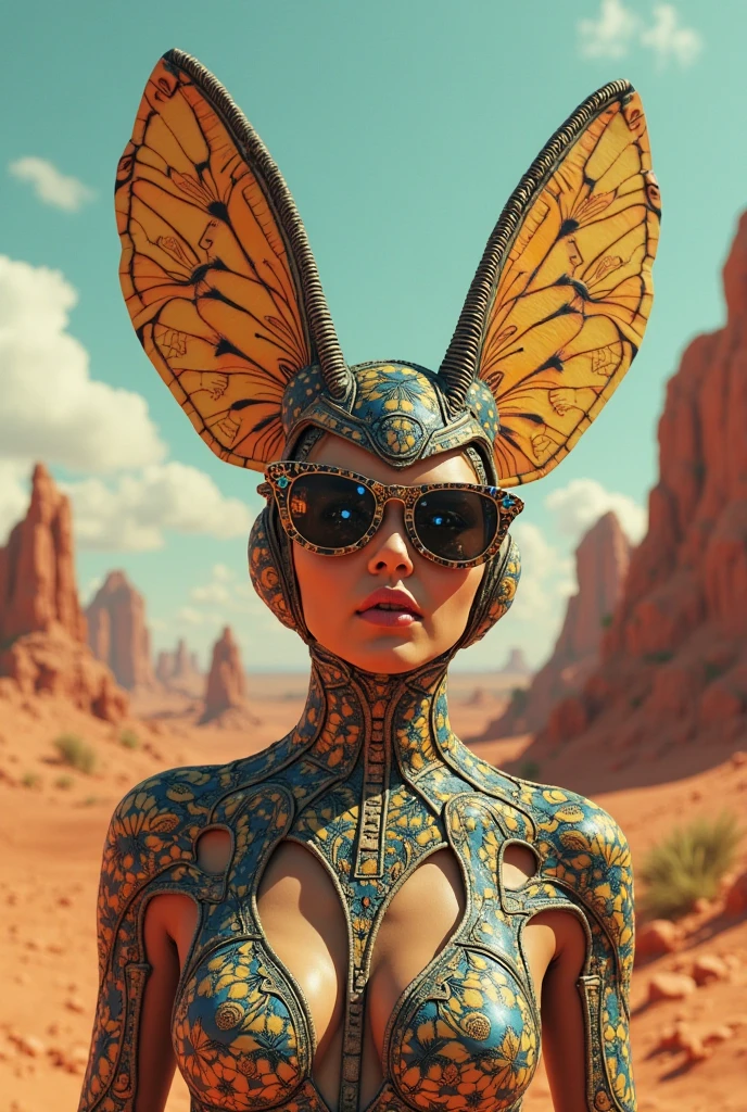 a cute alien girl with brightly colored skin, wearing a swimsuit, looking sweaty and in excellent shape, with big breasts, riding a merchant bicycle outside of Jabba's palace on the desert world of Tattooine, highres, 8k, photorealistic, detailed lighting, vibrant colors, cinematic composition