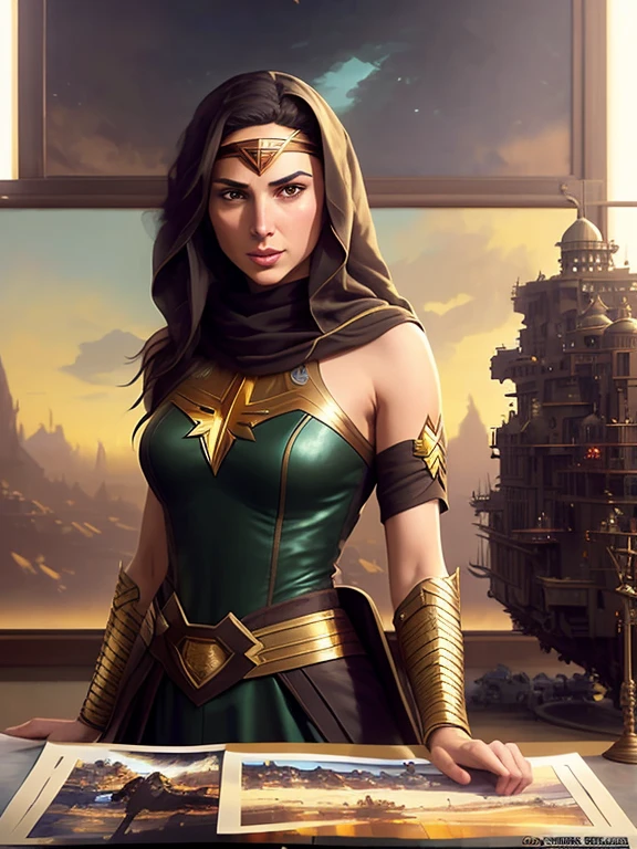 warhammer 40k, cyborg, Sci-fi, black fantasy, kosmos, black girl (dark brown face), Wearing WH40K open purple dress and cape, Wearing chest armor with huge , holding a Roman staff with an eagle on top, detailed green eyes, bblurry, shooting angle, (tight gap:0.5),  short and loose hair, Corte de cabelo viking, vibrant green eyes, Charismatic leader, total body length, comic style, por artgerm, Guy Denning, Jakub Rozalski, Magali Villeneuve e Charlie Bowater, cyborg piece on head, cyborg goddess in kosmos with planets and starship background, battlefield fog