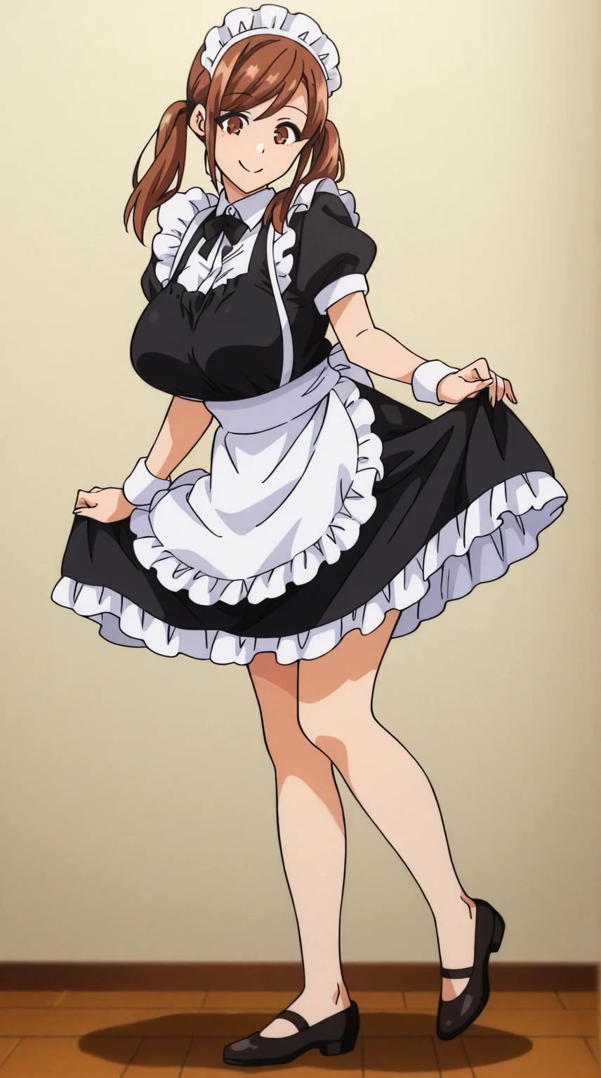 Hisato Azuma with pigtails, in a maid outfit, standing with the right foot and with the left foot backwards, smiling 