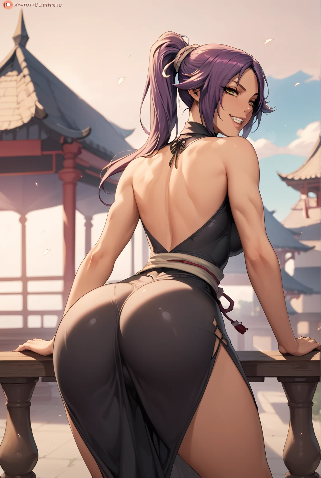 k0ch0ush1n0bu, shinobu kochou, (Taisho era:1.2),naked, black hair, (flying many small butterfly background:1.2), butterfly hair ornament, butterfly print, forehead, gradient hair, hair ornament, multicolored hair, parted bangs, purple hair, short hair, two-tone hair,1 muscular japanese girl,perfect hands, perfect finger,perfect anatomy, masterpiece, best quality,realistic, hyperrealistic, 16k hdr,medium breasts,cleavage,outdoor,night,sexy pose,sweat,embarrassment,red blush,erected nipples,standing,japanese old castle,(from behind,looking back:1.2),japanese fundoshi