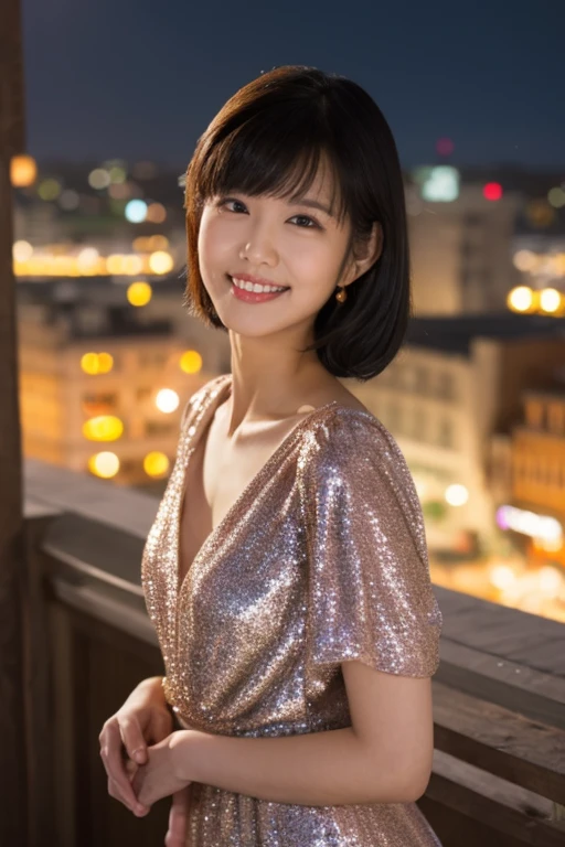 1woman, idol, bob cut, brown hair, sunset, sleeveless dress, smile, I'll pull up my skirt, I can see panties