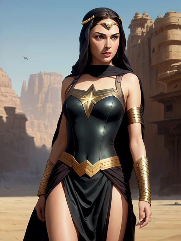 create gal gadot with long hair at hip height, full body photo of the world's most beautiful artwork with a beautiful woman dressed in an intricate outfit on the man on fire in the desert, iridecent, trend in ArtStation, CGSociety, Intricate, High Detail, Sharp focus, dramatic, photorealistic painting art by greg Rutkowski