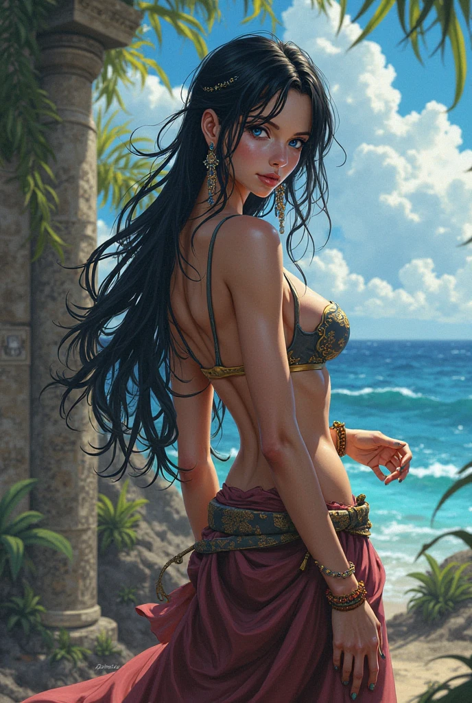 A muscular woman in a tunic stands on the edge of a cliff with a spear. anime illustration. Beautiful woman with a braid to the waist. morena. High-breasted. big breastes.