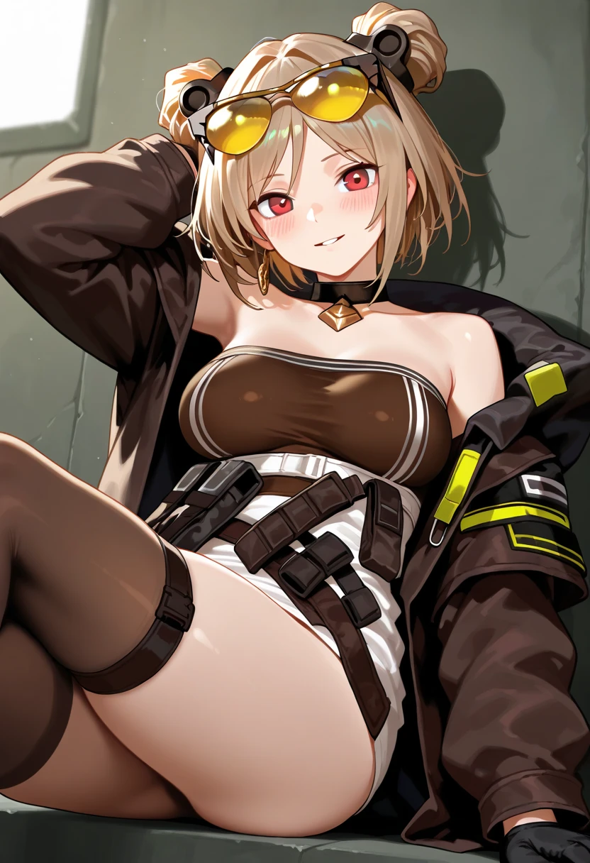 (Make the subject look three-dimensional with the contrast of light and shadow),Cute and beautiful 22yo girl,(masterpiece:1.2), best quality, high resolution, unity 8k wallpaper, (illustration:0.8), (beautiful detailed eyes:1.6), extremely detailed face, perfect lighting, extremely detailed CG, (perfect hands, perfect ???????),Brown hair,watching at viewers,black suspenders,(Bulging ,big breasts:1.1),Black miniskirt,garters,Gaze,Small face,bangss,holster,Belt Armament,Beautuful Women　srestrained,hands up,Leg holster ,sitting lying on the bed,Gaze,black boots,panty shot
