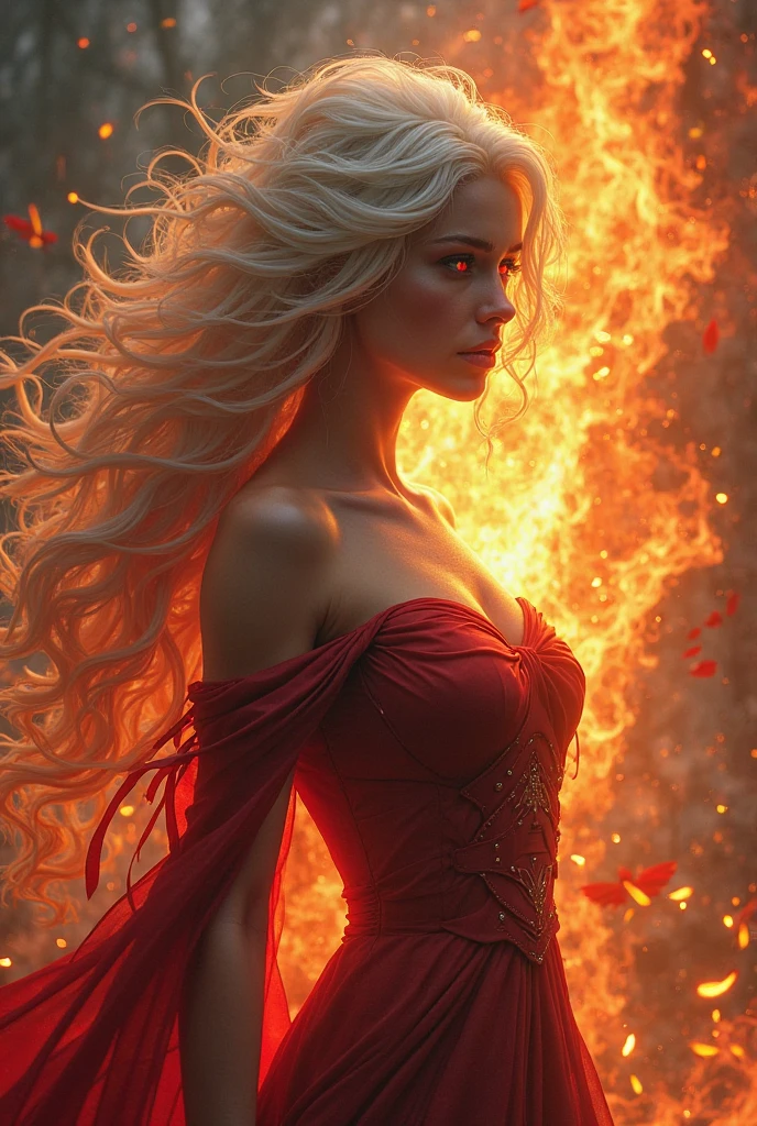 A female avatar oc with long white hair, of fire element