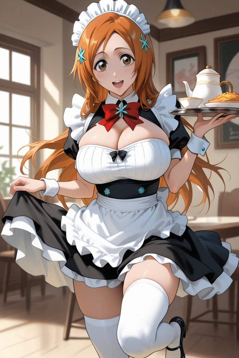 1 woman, solo, tall woman, long orange hair, straight hair ,orange eyes, (Full Breasts), High Height,masterpiece, high resolution, shiny, full body, beautiful,A cute smile that makes the viewer happy, highly detailed beautiful face and eyes,looking at viewer, maid dress, in the cafe, ((sexy)),