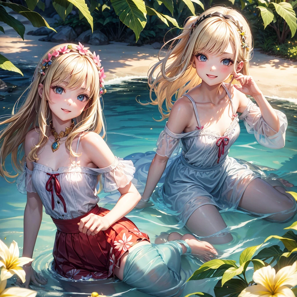 Masterpiece、Highest quality、Super detailed、(1 girl)、Big Tits、Cleavage、Blonde、Fluffy and soft long hair、Pink bristles、Light of the sun、smile、choker、Pink Lipstick、Lying down、Embarrassed face、bath、Bubble、Peeing