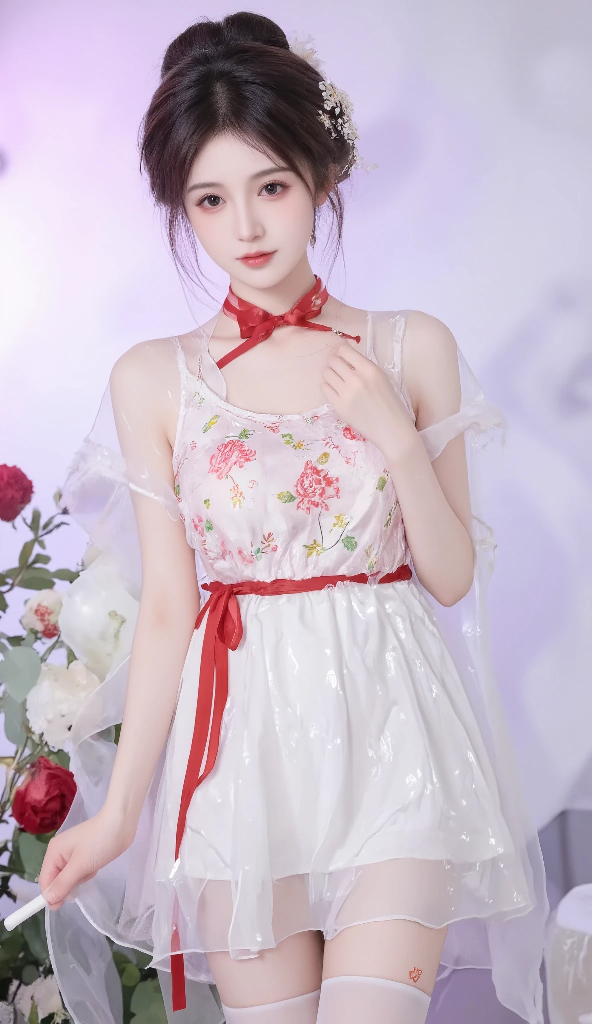 transparent robe , 1 girl, [[[Red Bow, Eyes, 红色flowers, Chest, Chinese clothing , Chinese clothing , skirt, flower, Gradient , Gradient background, embroidered ball flower, watching viewers, white pantyhose, Rose, A single, thigh 连裤袜