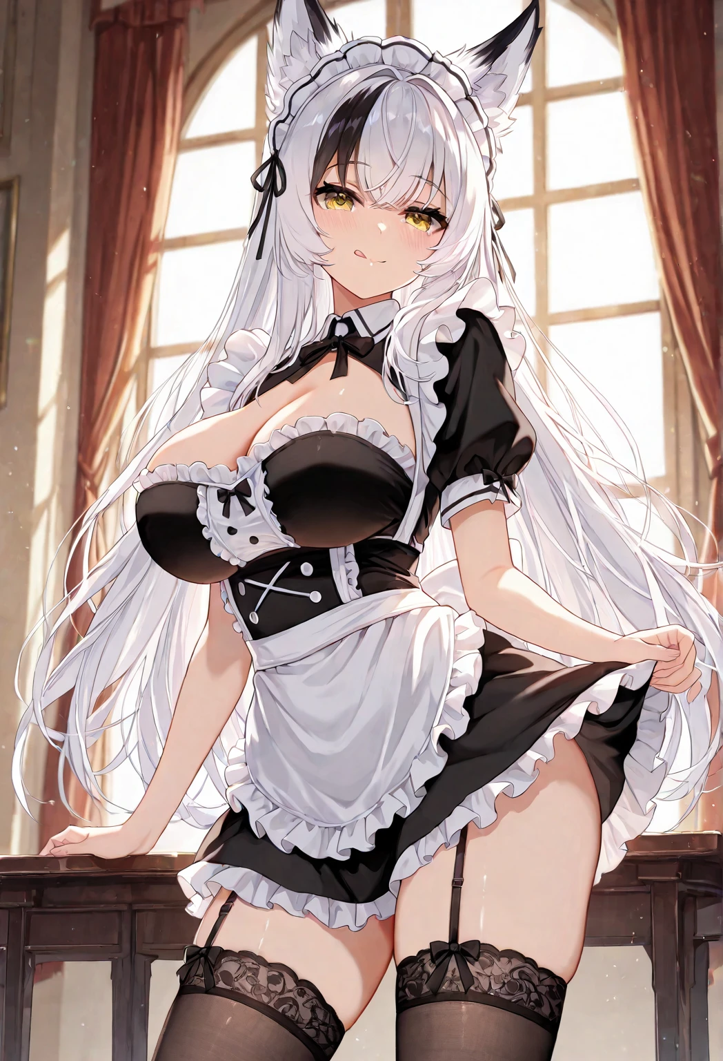 hyper photorealistic, Lewd girl in slim hottie in gorgeous maid outfit in lace miniskirt with silver lighting, Standing, lift up skirt, Panties with lace glimpsed, In the style of 2D game art, Details to blink and miss, Detailed costumes, heavy shading