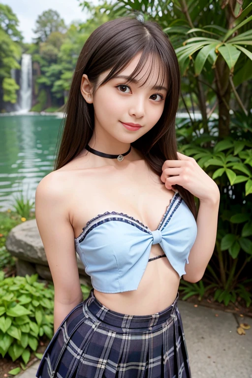 Beautiful young spanish 16yo 1girl, (blonde:0.1) brown hair, , smiling, (in beautiful sheer Ukrainian national costume embroidery ornament white, black:0.1), sunny day, botanical garden, realistic, (in beautiful strappless tanktop:0.1) , small bust, light blue micro bikini, do not emphasize the top of the bust,