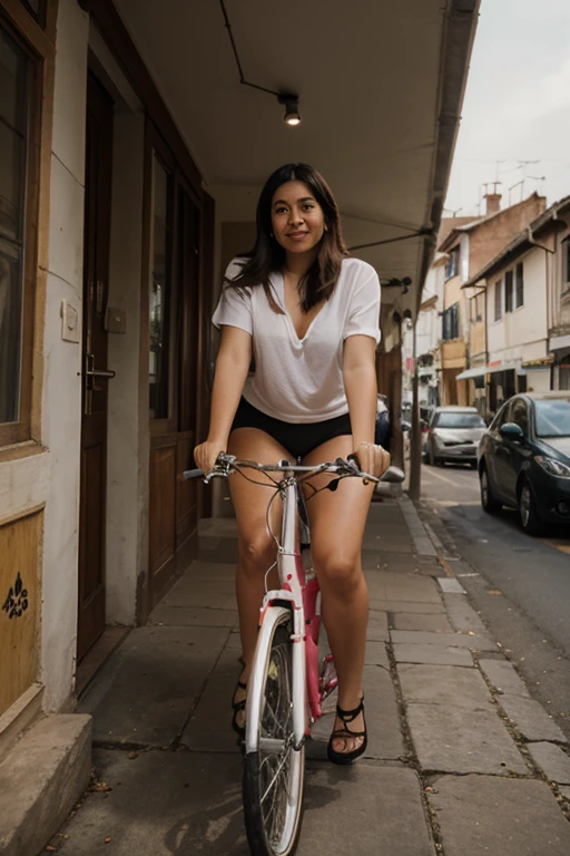 (Estilo RAW, obra maestra, La mejor calidad, ultra detallado), 28 years old, publicando al aire libre, Deep V sweater, pecho grande, Hermosa noche, alegre y feliz, cielo despejado, analog style, (textura de la piel, Film grain), CinematicLight, sidelit, ultra-high-resolution. En bicicleta montada