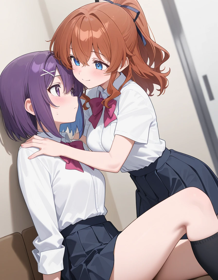 2 girls, office, (standing:1.1), 22-year-old, (Small breasts:1.3),(skinny:1.2),(short sleeve blue sweater:1.2),AKB48,nogizaka46,smile,beautiful girl,highest quality,High resolution,be familiar with,perfect anatomy,beautiful and fine eyes,office Chair,office Desk,laptop,bob cut,(smile:1.2),(open legs:1.3),(fullnude:1.8),(show pussy:1.6),(cowboyshot:1.2),
