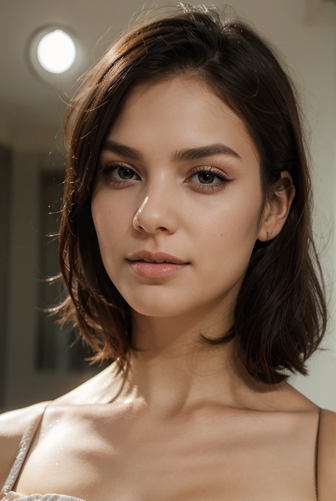 Breathtaking cinematic photo of a 30 year old girl with Brown hair and Brown eyes, happy, cheerful facial expression, closed mouth, Beautiful lips, complex parts, shallow depth of field, very detailed, high budget, epic Hollywood movie, amazing, masterpiece, award-winning, professional, very detailed, detailed skin texture, (blush: 0.5), (goosebumps: 0.5). (the most Beautiful woman in the world) (Brown hair) (Short curly hair, wild hair, stylish cut) Thin face, thin nose, Beautiful, very Beautiful, Perfect face, slim body (slim), (Brown hair) (Brown eyes ) (White skin) beautiful body, western wall, predatory eyes, pink lips, thick thighs. whole body, western beauty, thin nose, Beautiful, Perfect, ((Best quality)), ((ultra resolution)), ((Photorealistic: 1.4)), (complex parts), Perfect face, draw up: 1.5 , clear face, facial details. Foreground ((uniform, ,bikini))