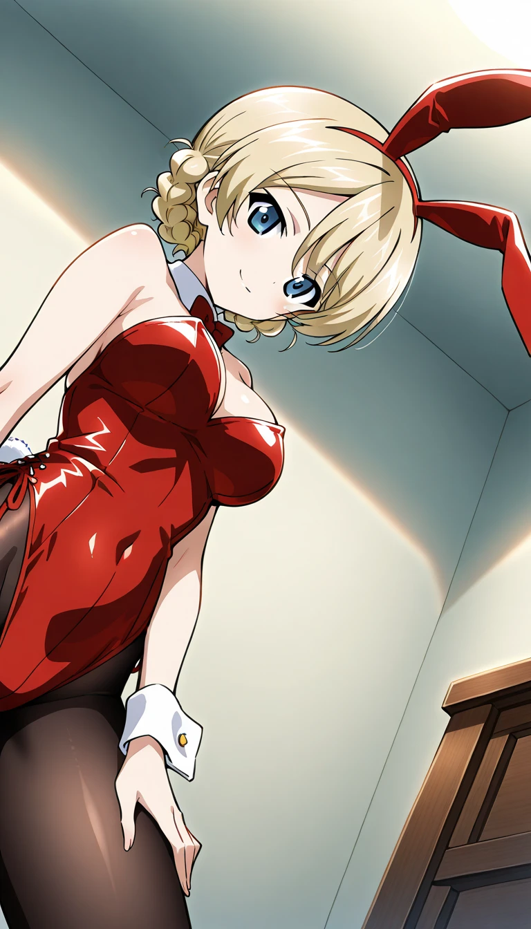 1girl,alone,Tenka izumo,masterpiece, best quality, absurdres, perfect ???????, , wrist cuffs, playboy bunny, leotard, pantyhose, fake bunny ears, from side, contrapposto, smile, dynamic pose, cowboy shot, indoors, bedroom, big breasts, medium waist, wide hips, medium thighs, short hair, blonde hair, blue eyes, perfect hands, perfect ??????? ,looking at viewer, head on,pov(from below),
