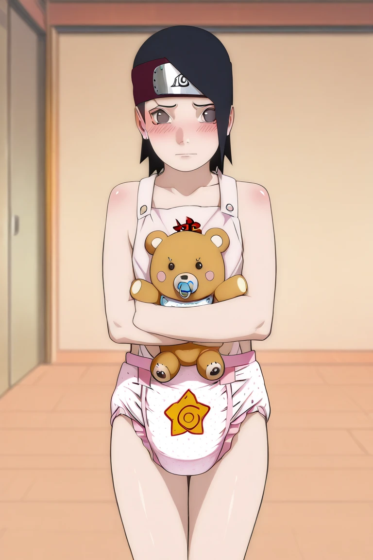 Zenko, 1girl, black hair, (sanpaku:1.2),hair ornament, hairclip, black eyes, short hair,masterpiece, expensive quality, very_expensive_solve, big_file size, full color,(completely nude:1.2),pussy,niplles,flat chest,toddler,(pregnant:0.7),