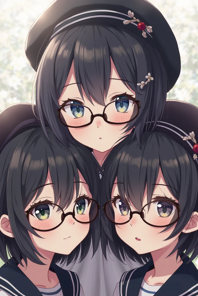 Super detailed, best quality, High resolution, moe-anime, ((((3 little girls with black hair and round glasses are hugging each other.)))), (baby face), Tareme:1.2, dark blue eyes, cute eyes, detailed eye description, Eye sparkle, Looking at viewer, pale skin, (((petite))), (((face only:1.3))), (bottomless), (Big eyes:1.5), NSFW, focus on the face, ((bust shot)), Bright eyes, In the park where cherry blossoms dance, ((white see-through race bra tops)), Nipples are showing through, from back