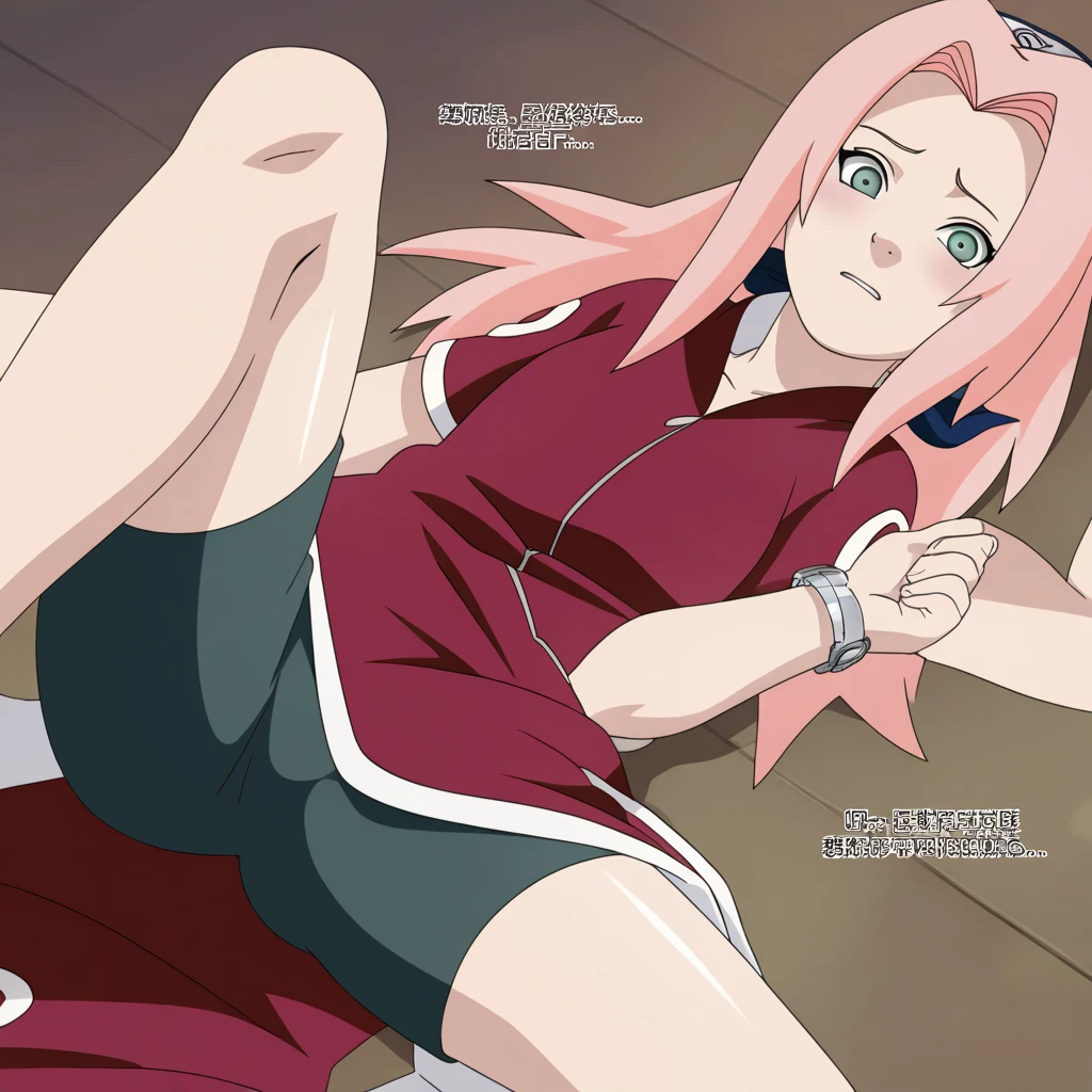 Sakura haruno, 1girl, solo, pink hair, long hair, green eyes, shiny thighs, source_anime, "Red sleeveless Chinese qipao with white trim and symbol, black shorts, .", lying, on back, masterpiece,best quality,amazing quality, ,, closed eyes, talking, embarrassed, relax, soft tight rubber shorts, long tight shorts up to mid-thigh, meaty butt, detailed ass, spread legs, Cowboy Shot, Dutch Angle, watch viewer play with animals