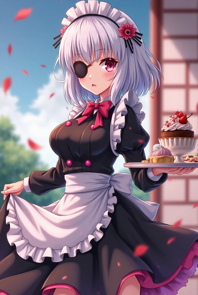 ban_nanatsu_no_taizai in female version with medium breasts Wearing a maid uniform dress holding a tray full of food,((Extreme quality 8k))