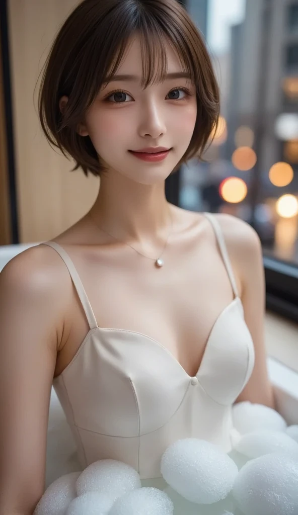 ((highest quality, 8k, Tabletop :1.3)), One girl(dye hair brown, Pixie Cut), White sheer leotard :1.1, Highly detailed face(Round face 0.5), Fine grain, double eyelid.Sharp focus: 1.2, (Enhances the beauty of skin texture:1.1).Sensual beauty.(Full Body Shot).smile.(Flat chest 1.8).RAW Photos