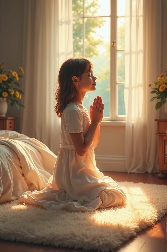 GENERATE AN IMAGE ABOUT A SIMPLE GIRL WHILE PRAYING IN HER SIMPLE ROOM
