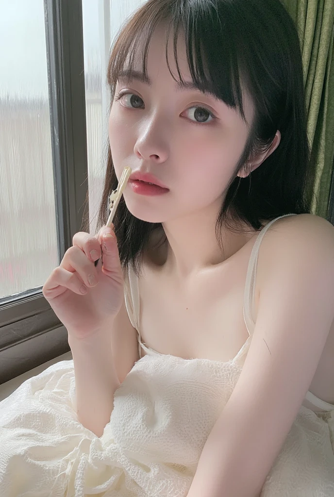 (Close-up shot of upper body seen from above), 8K,portrait, portrait, (alone), masterpiece, highest quality,With a round face、slim、(((flat body)))、、cute、、lying in bed、、((eyes half closed))
