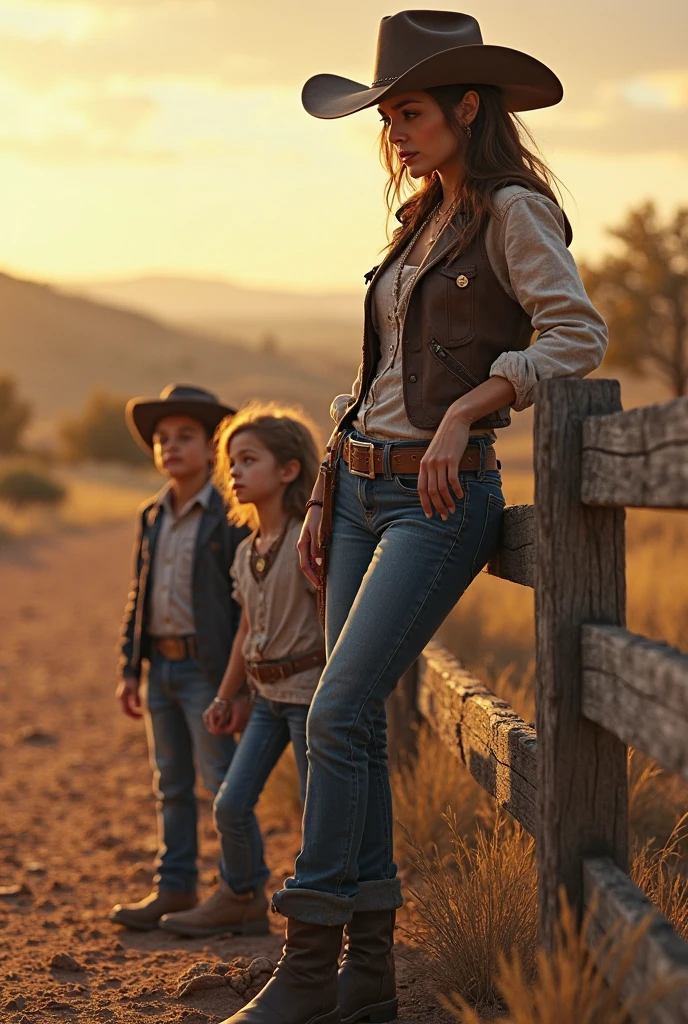 A white-skinned woman with brown hair in cowboy clothes walks with a girl across a rocky wasteland against a background of huge cacti