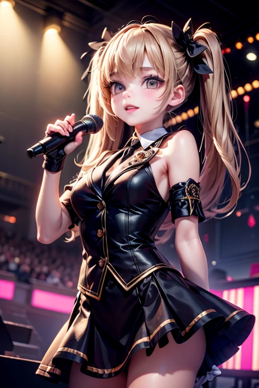 Bowsette, ornament hair, crown, horns, perfectly body, perfectly hands, wave hair, blonde hair, long hair, blue eyes, black dress, more details on her clothes, black dress with gold details, night, ornament hair, long hair, 1 girl, Looking at the audience, on the stage holding a microphone,  flowing hair, Beautiful Eyes, Plump and glossy lips, Idol, dress with too many frills, black dress, black laces, black Short skirt, Drape clothes, blue gem, Lace trim, bright stage, luxury gold details, gold jewelry, more details, best quality, Big sparkling eyes, blushing, Striped Lace Stockings, black Lolita skirt, sparkle, solo, centered girl, cowboy shot, perfectly body, perfectly hands, two arms, two legs, two hands, five fingers, perfect anatomy, glowing hair, white roses, 1girl, dress, solo, flowing hair, floating hair, ornament hair, perfectly body, perfectly hands, on the stage, sparkles, more details on her clothes, dress with transparency, golden details on her dress, night, holding a microphone, ((4k, masterpiece, top-quality)), 8k, best quality, high resolution, UHD, (illustration:0.8), super cute girl, delicate and beautiful face, mature girl, super cute hairstyle, (beautiful detailed eyes:1.6), extremely detailed face, perfect lighting, extremely detailed CG, (perfect hands, perfect anatomy), Best quality 