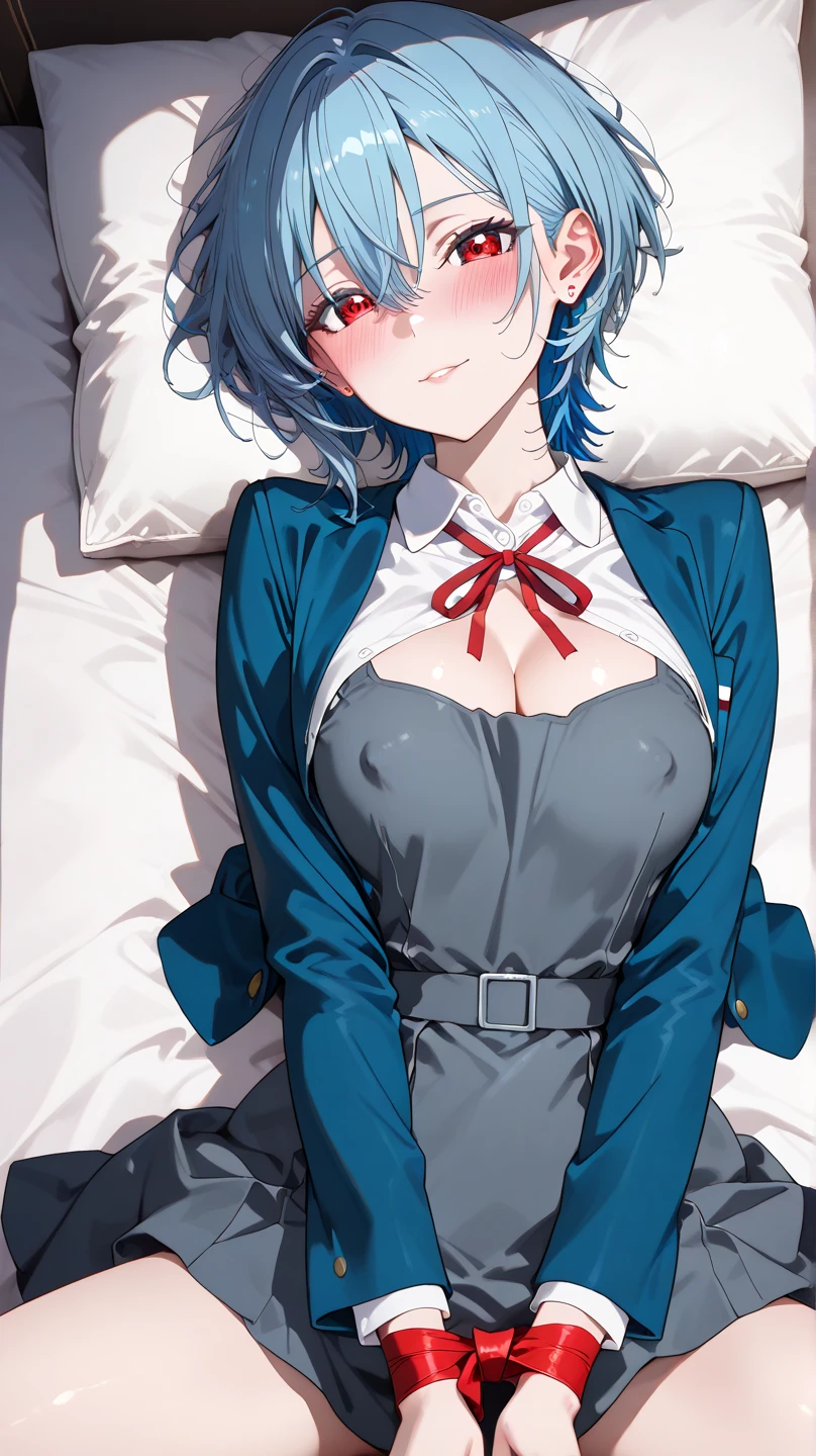 (Highest quality illustrations:1.2), (Kawaii Girl:1.1), (1girl in:1.5, 独奏:1.5)、One pose、The upper part of the body、a closeup,School route、Inside the station、 (1girl in、18year old、One pose、cute little、Medium chest:1.5、ultradetailed eyes:1.2)、(beauty breast)、((blue eyess、Blue hair:1.5))、(shorth hair)、(((Short bob hair)))、(Beautiful breasts;1.5)、thin-waist、small ass、skinny thigh、high-school uniform、Dark blue blazer、white shirt、White pleated skirt、Shirt Unbuttoning、cleavage of the breast、boob focused、A smile、BREAK(top-quality、ultra-detailliert、highly detailed and beautiful、超A high resolution、Detailed arm:1.2),Angle from above