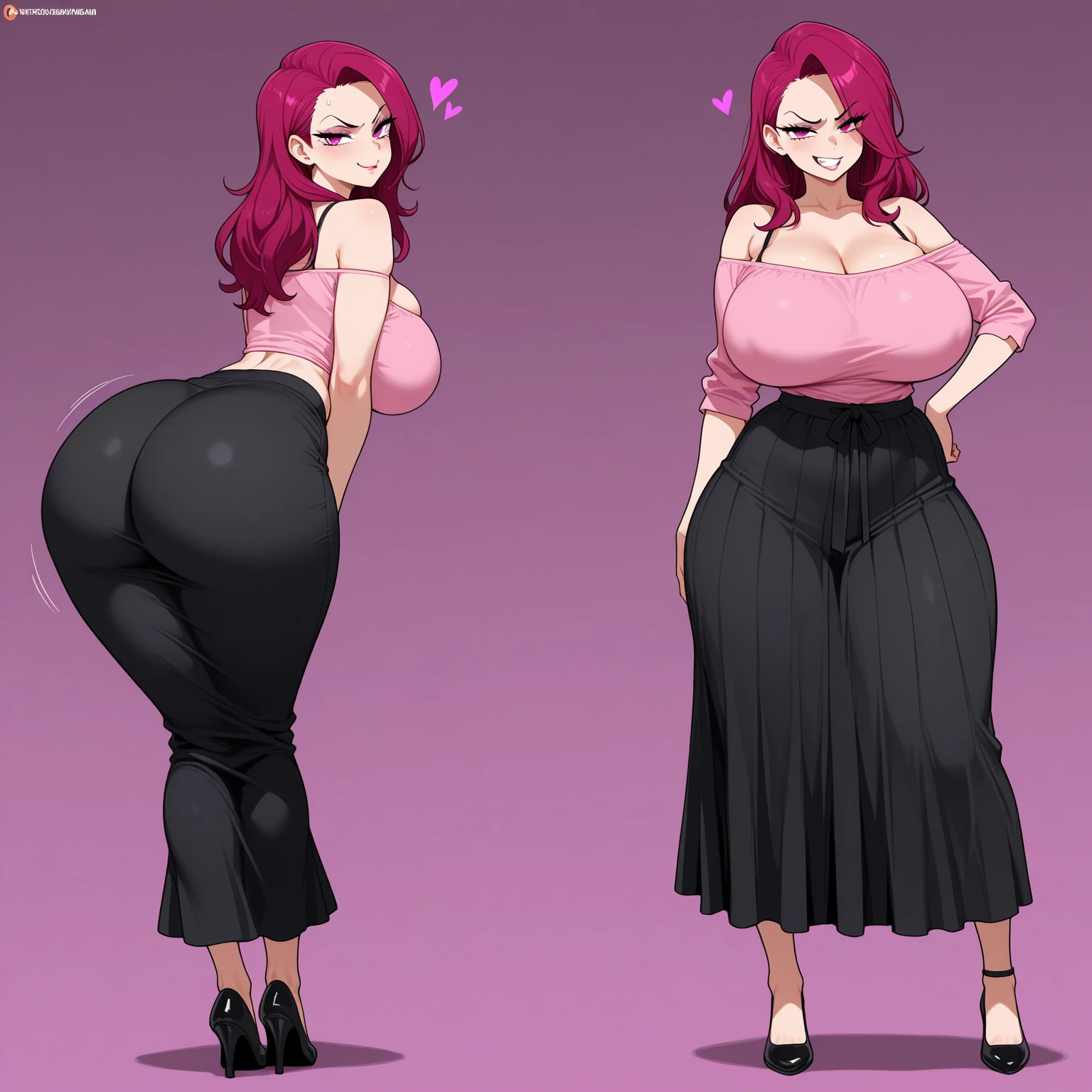 character sheet, reference sheet, design sheet, front view, side view,back view, turnaround, multiple views, solo, gigantic wide hips, extremely small narrow waist, enormous round thighs, very long legs, pouting thick lips, big green eyes, deep round cleavage. Wearing reflective hot pink blouse. black pantyhose. thin waist, makeup, 48 year old captivating long-haired