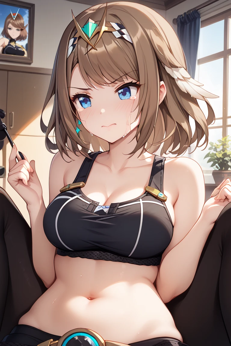 Cute brown haired girl, blue eyes, standing, well formed body, big thighs, pose sexy, with headphones, with mesh lingerie, It would be red (Red), and cat ears on his head