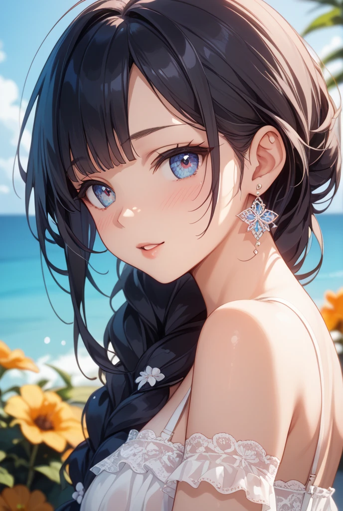 (((girl kawaii))), (a Very delicate and beautiful girl), ((Ultra-fine illustrations)), (Very delicate and beautiful), charactera girl, Please raise your hand, Wet, girl, teenage girl, Flowing Hair, (High Ponytail), (Long dark brown hair), Beautiful and fine hair, Very beautiful and detailed anime faces and eyes, (smile), Intricate details、Beautiful and delicate eyes, Bright Eyes, Open your mouth, Cleavage, Pale blue eyes, White skin, Frills, Hair Ribbon, Earrings, Gemstone Necklace, bracelet, (White Bikini), cardigan, Wet clothes, Open Court, White clothes, (Beach), (blue sky), sunlight, Backlight, Highly detailed light, ((Absurd)), (((wallpaper 8k CG))), masterpiece,