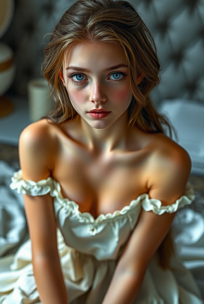 (An extremely delicate and beautiful work), (masterpiece), 1 woman, realistic, studio photo, Russian, a girl wearing traditional Russian underwear, covering her breasts, , highly detailed, leaking waist, contorted ponytail, charming expression, beautiful and clear eyes, green pupil, delicate necklace, delicate earrings, fairy ears, simple blurred background, description of extreme details, beautiful, charming, ultrafine painting, delicate face, delicate figure, thin collarbones, beautiful lips, beautiful medium breasts, soft ass, mix4, (8k, RAW photo, best quality, masterpiece :1.2), (realistic, photorealistic:1.37), 1girl, cute, cityscape, night, rain, wet, professional lighting, photon mapping, radiosity, physically-based rendering, best ratio four fingers and one thumb, --auto --s2