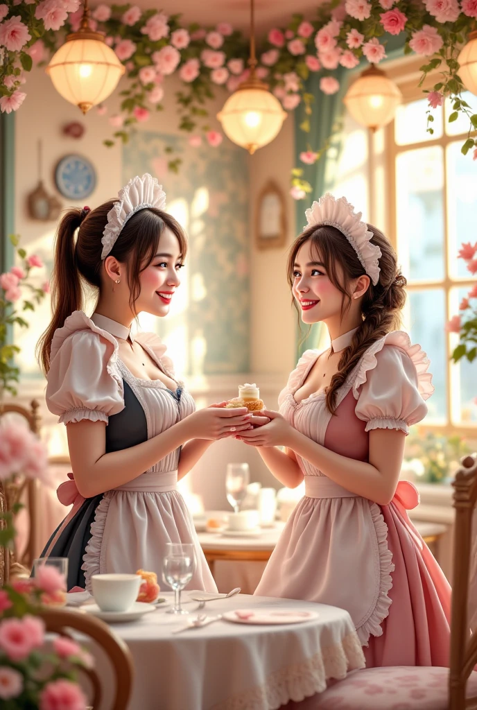 (Photography)(dynamic) Show two slightly chubby Malay females. One has long straight hair, one has short bobcut hair. In French maid costume. Cleavage. Sexy.