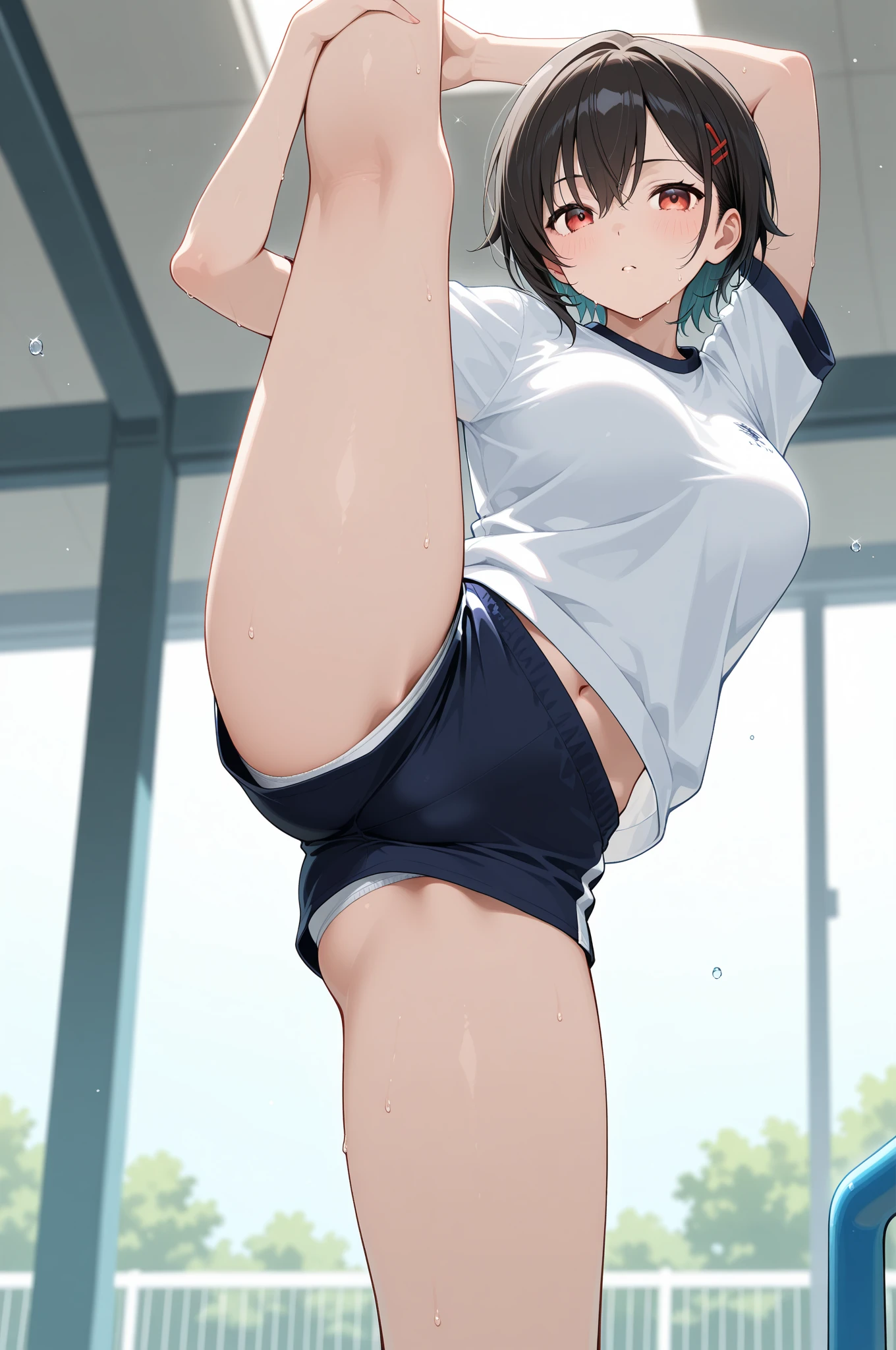 Japanese 13-year-old woman naked Both arms raised Bob Hair Armpit sweat Volleyball practice squat Angle from directly below Sweat dripping from the crotch My crotch is very wet with sweat Steam is coming out again naked