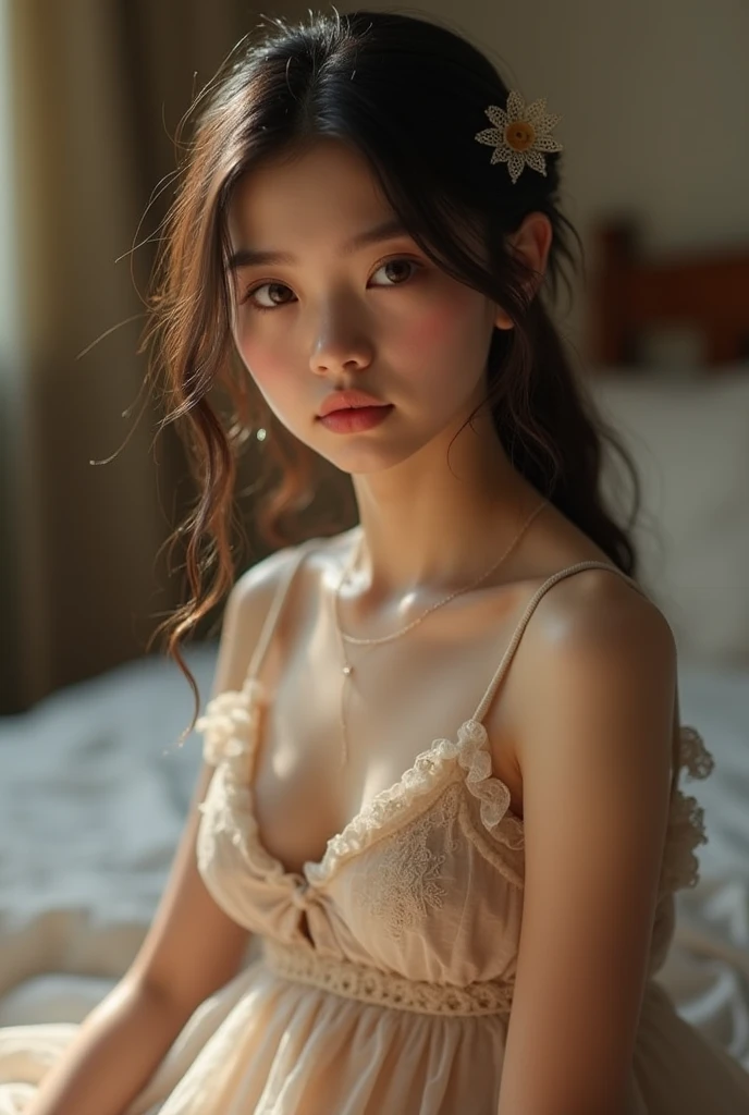 8yk、Raw photo、(masuter piece)、(beste-Qualit)、Hi-Res、(Kizi)、(realisitic、Hphotorealistic:1.2), Upper body、poneyTail、skinny、14years old、small tits、Eyes closed、Deep sadness、Sorrow、look up sky、Open mouth、screeming、a room、Background blur