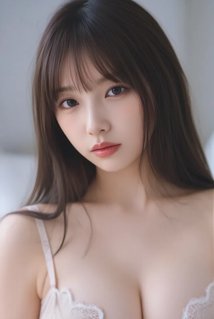 Canon RF85mmf/1.2,masterpiece,highest quality,Ultra-high resolution,VC,1 girl,(Korean mixed race,K-Pop Idols:1.2),alone,white_Shiny_skin,Iris,necklace,((Brown_length_Wavy_hair)),((pink_Shiny_lips)),eyelash,前hair,make,compensate,Shiny,pore,skin texture,bracelet,Off the shoulder,See-through,Big Breasts,The whole body is shown