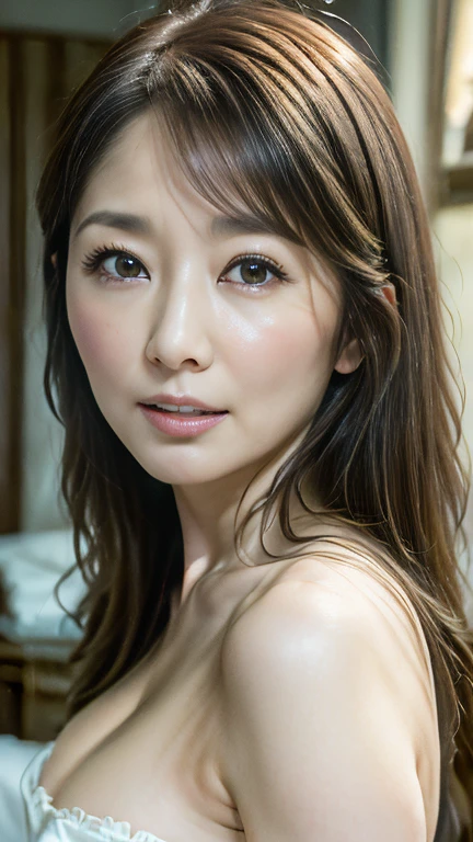 (Highest quality、Tabletop、8k、Best image quality、Award-winning works)、Beautiful woman、nude、female portrait photography、Glowing Skin、(Bedroom at night:1.2)、Perfect Face、Beautiful and shining eyes、(look at me with an expression of ecstasy:1.2)、Sweaty face、Glowing Beautiful Skin、Perfect Makeup