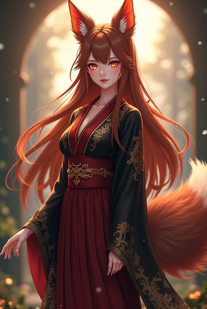 fullbody, female kitsune, villian, fox ears and tail