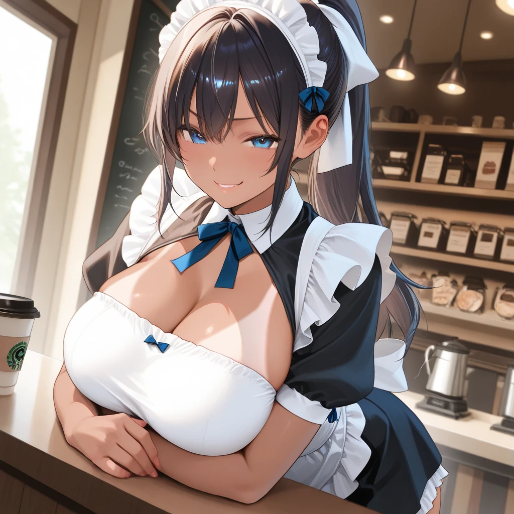 (masterpiece, best quality:1.2), 1girl, solo,dark skin,sweating skin,open pose,maid,coffee shop