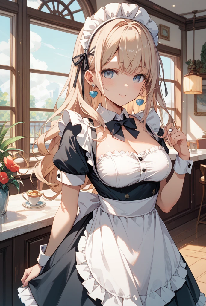 Barbara \(genshin impact\), barbara, genshin impact, top-quality、Top image quality、​masterpiece、girl with((18year old、Waitress costume、Best Bust、Bust 85、a blond、twintails hair、Blue eyes、open chest wide、Valley、Happiness、Black wristband on wrist、A slender、耳Nipple Ring、The wind blows、Hold out the menu)）hiquality、visualart、Background with((tea shop))、masutepiece、