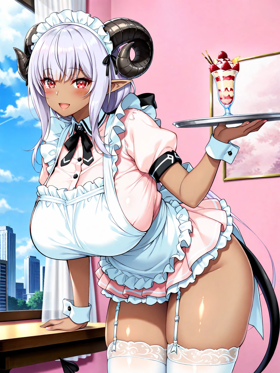 Beautiful picture), (Masterpiece), ((((Solo)))), ((big breasts)), (curvy), (sexually suggestive), (wearing latex bunny suit), perfect hands, sexy legs, (pouting), (bored), (holding a tray of food), (stockings), (demon horns), at a restaurant, (tight clothes),